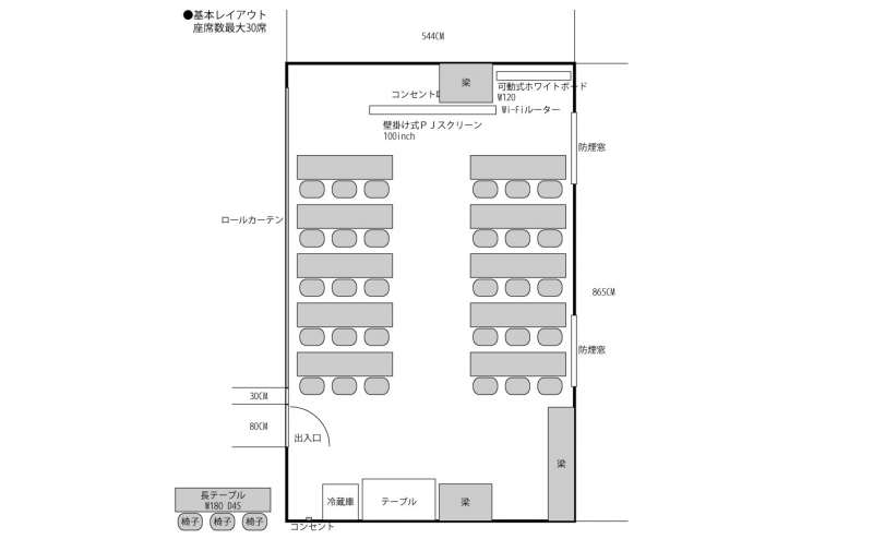 基本レイアウト 座席数3名掛け最大30席