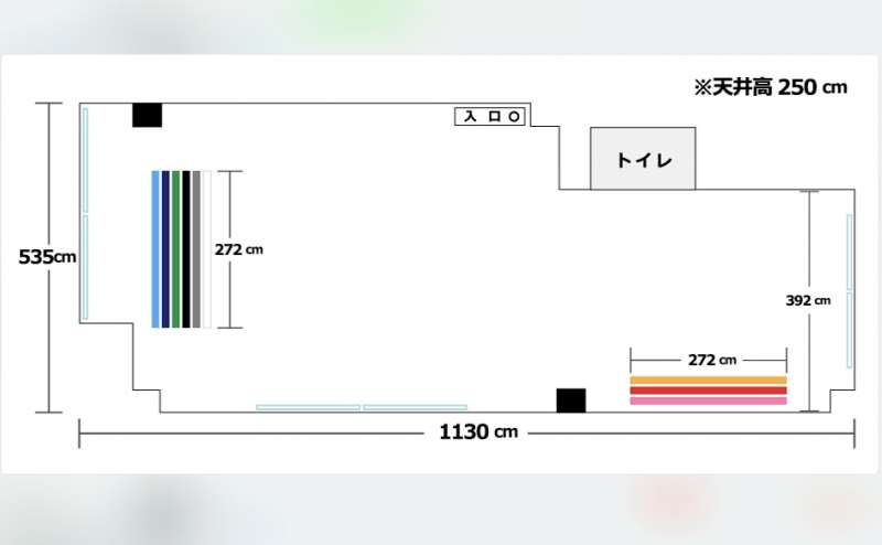レイアウト図面です。背景紙を利用して、２か所で撮影ができるのも使いやすい理由です。