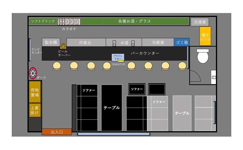 店舗面積32平米。22名様が着席可能です。レイアウト変更自由