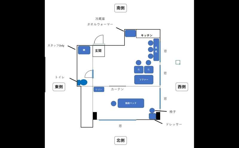 ２面採光！！  ２部屋使えます！玄関入ってすぐに、ソファー、椅子、大理石テーブルを設置。椅子は（丸椅子を６脚ご用意）  長机も入荷しましたので、大変使いやすいです！  奥のお部屋は施術室となっており、