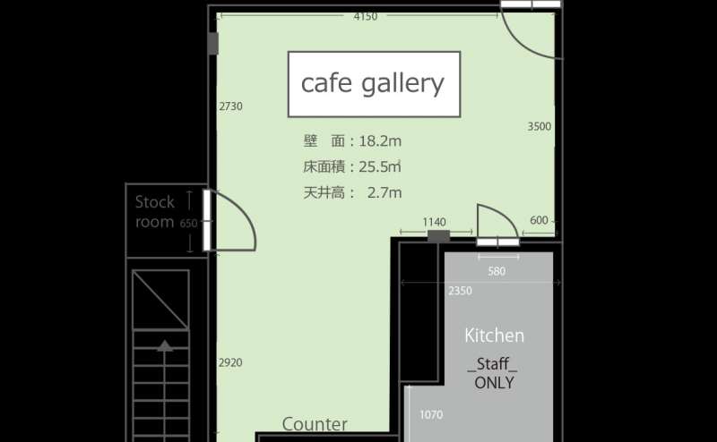 1階カフェの見取り図です 向かって左の階段からエキシビジョンルームへつながっています